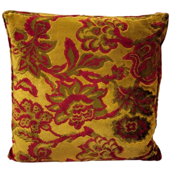 Vintage 60s Other - MCM‎ Retro Throw Pillow Velvet Floral Deep Red Chartreuse Green
